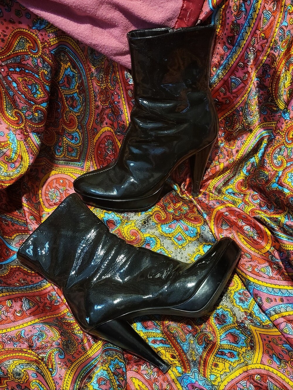 Paolo Black Glitter Patent Leather Boots Stiletto High Heel Women's Size 5.5